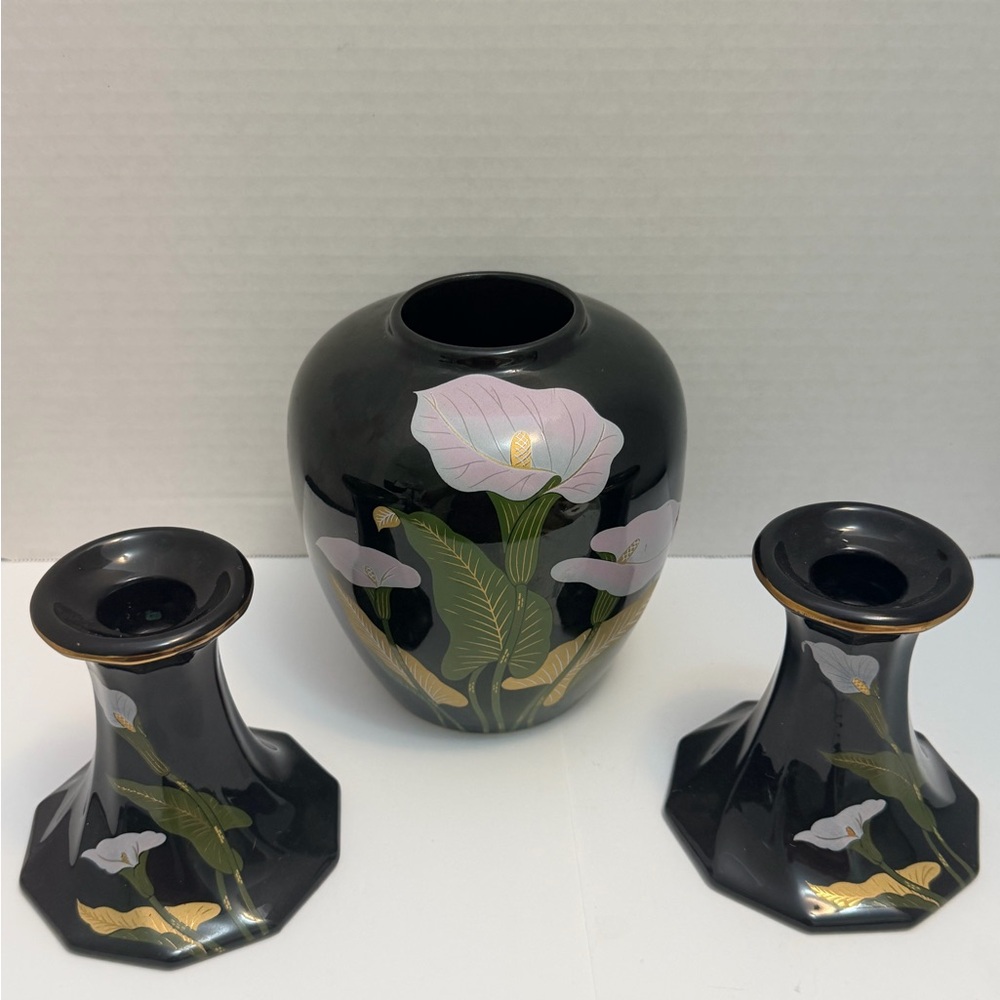 Vintage Black laquer calla Lilly Floral Ceramic Vase and Candle Holder Set Japan